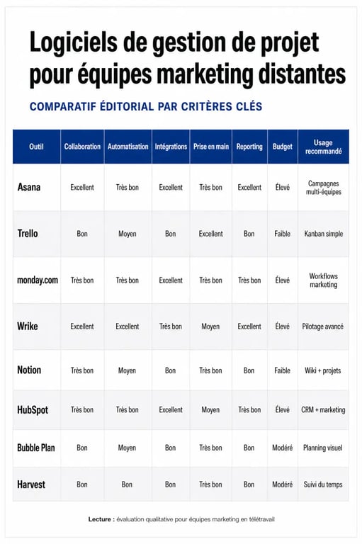 Comparatif des meilleur logiciel gestion projet équipes marketing distantes avec critères de collaboration, automatisation et intégrations
