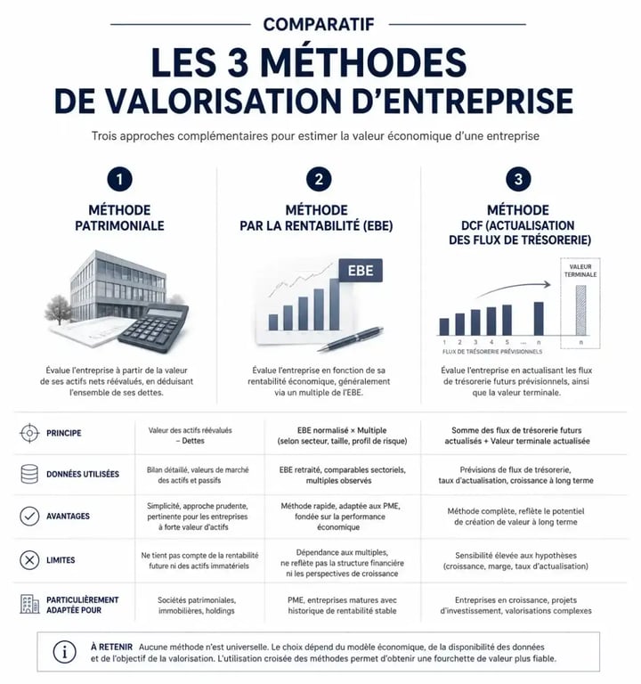 Comparatif visuel des méthodes de valorisation d'entreprise : patrimoniale, rentabilité et DCF