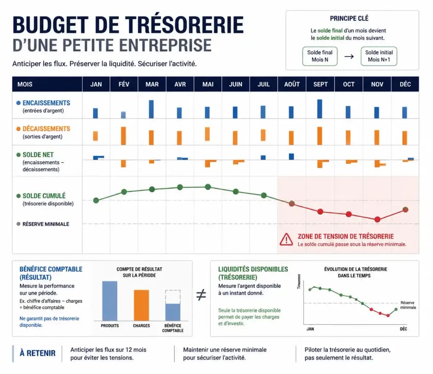 Budget de trésorerie mensuel avec encaissements, décaissements et alertes de solde