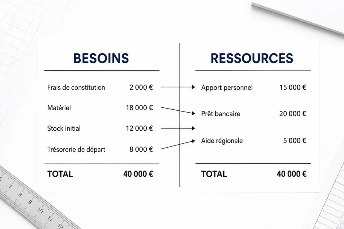 Plan de financement avec colonnes besoins et ressources équilibrées