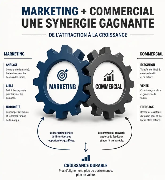 Schéma illustrant la synergie entre marketing et commercial pour une stratégie de marketing commercial efficace