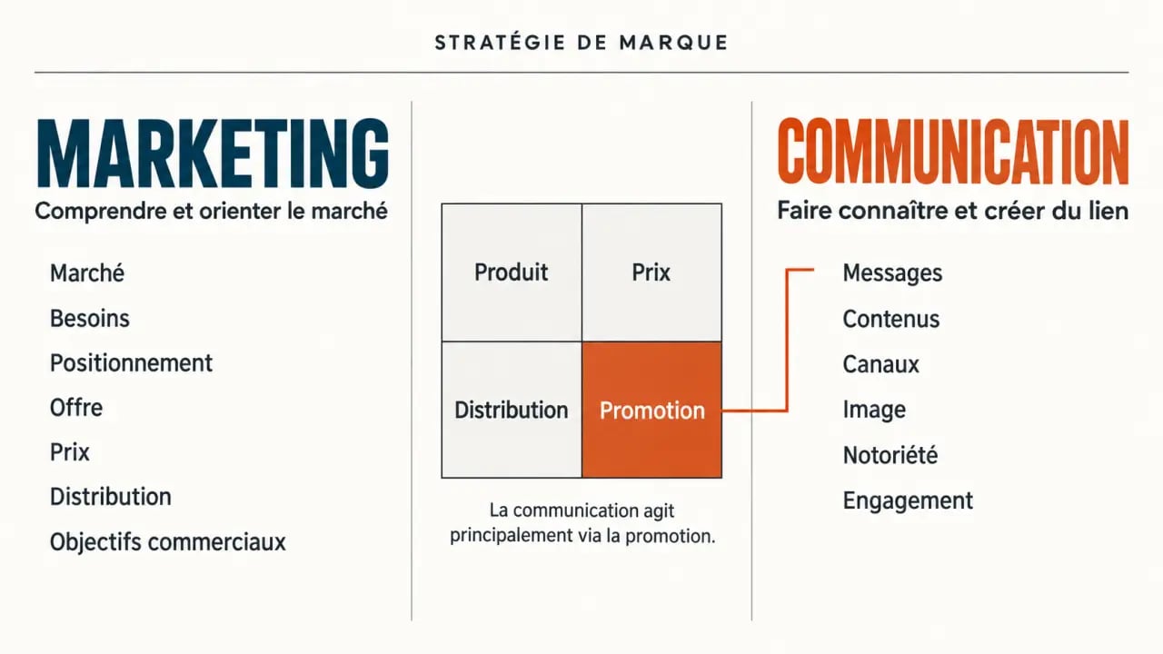 Infographie sur la différence marketing et communication et la place de la communication dans les 4P