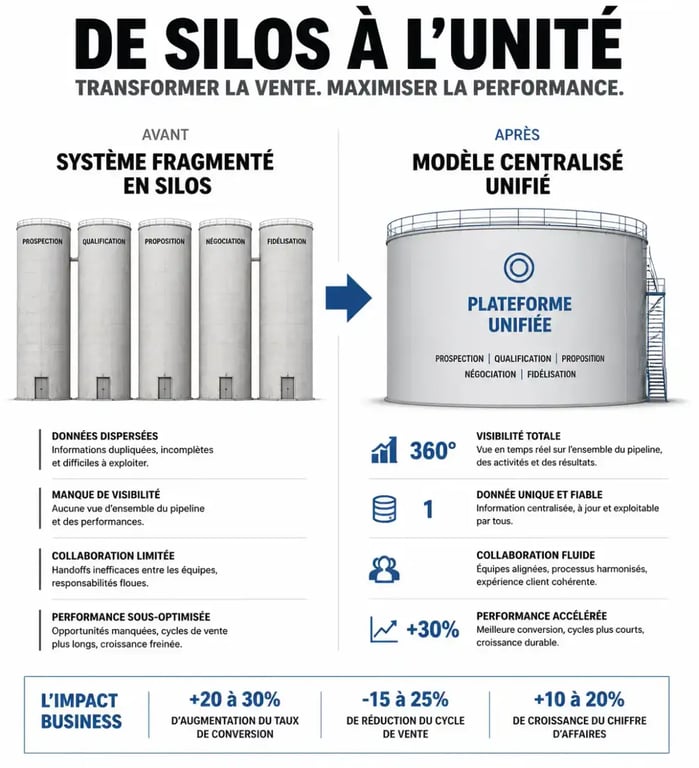 Schéma illustrant les avantages de la centralisation des processus de vente pour une meilleure performance commerciale