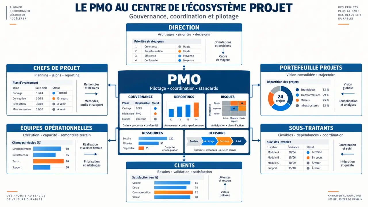 Schéma du positionnement du PMO métier entre direction, équipes projet et parties prenantes