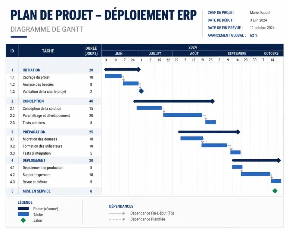Exemple de diagramme de Gantt pour excel gestion de projet