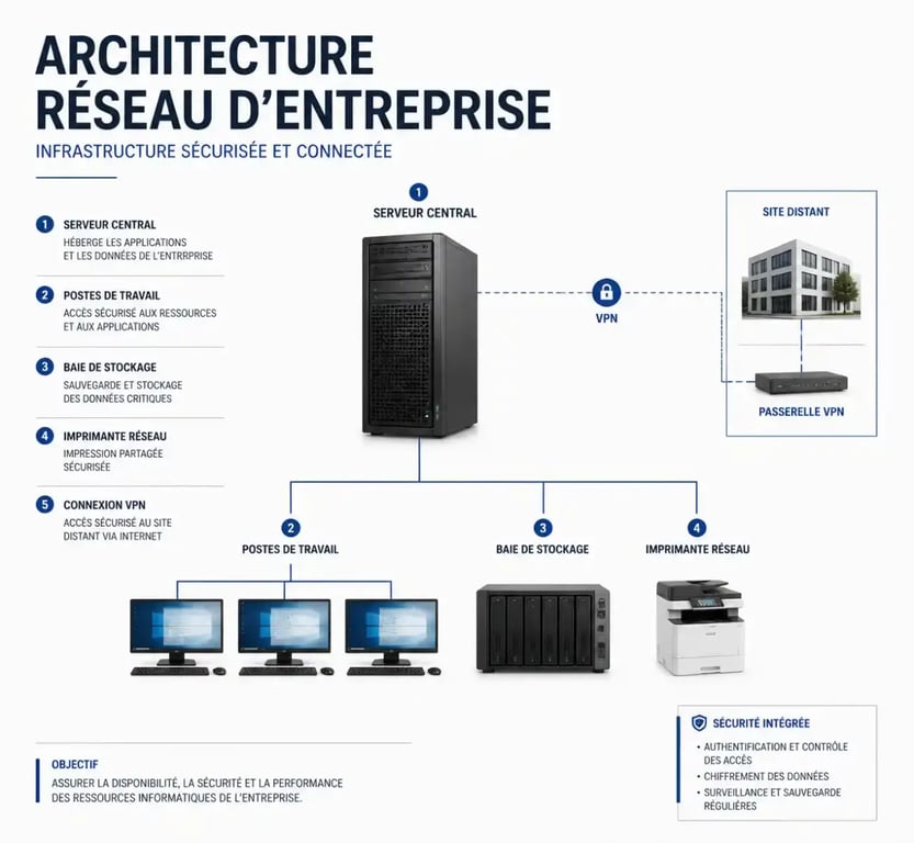 Schéma d'un réseau en entreprise avec serveur central, postes de travail et VPN multi-sites