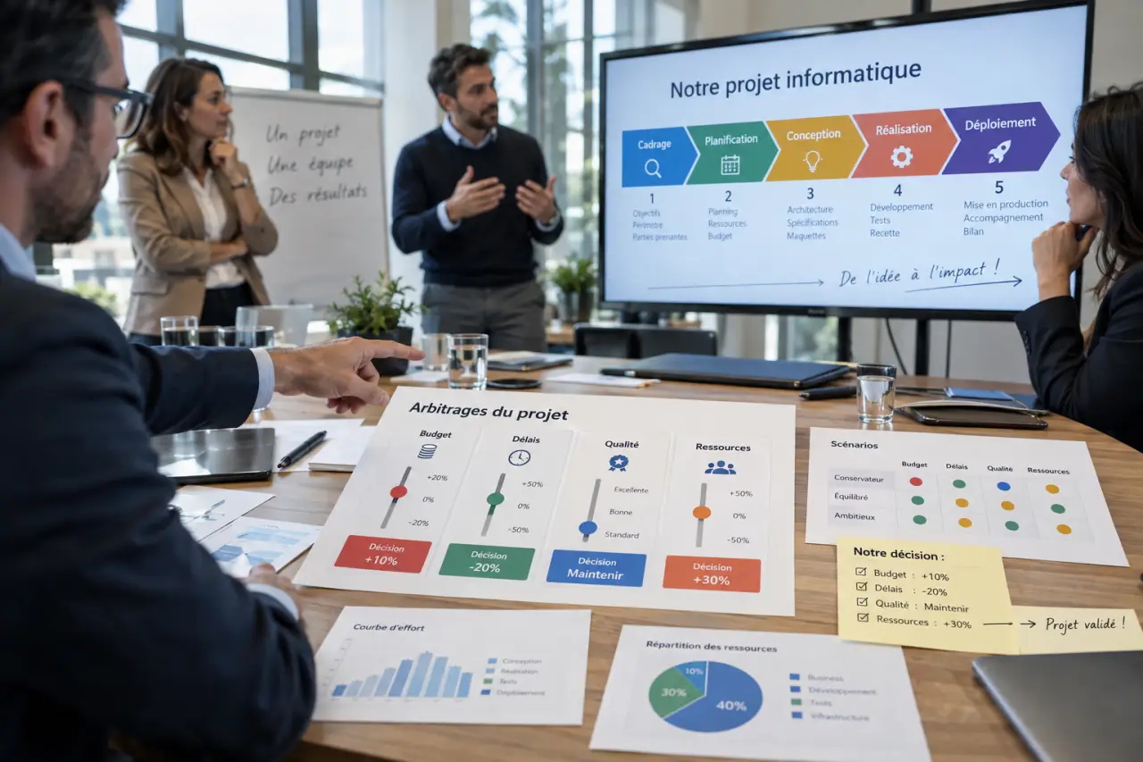 La gestion de projet informatique repose sur 5 phases et des arbitrages visibles