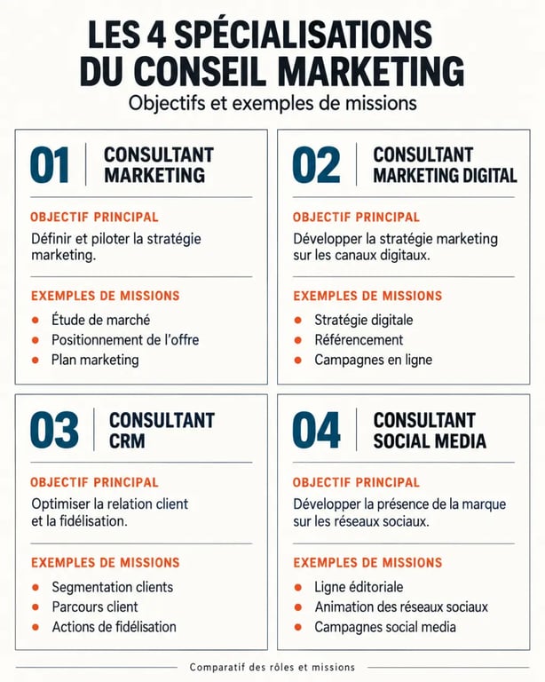 Consultation marketing : comparaison des spécialisations marketing, digital, CRM et social media