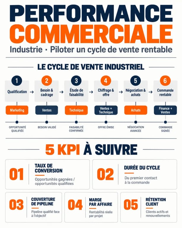 Infographie sur la performance commerciale industrie guide et les KPI du cycle de vente industriel