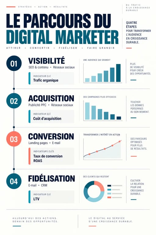 Infographie du parcours et des leviers d’un digital marketer