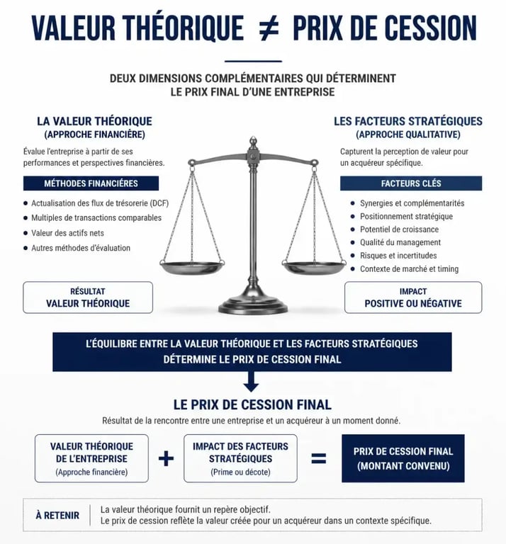 Infographie expliquant la différence entre la valorisation d'entreprise théorique et le prix de vente réel
