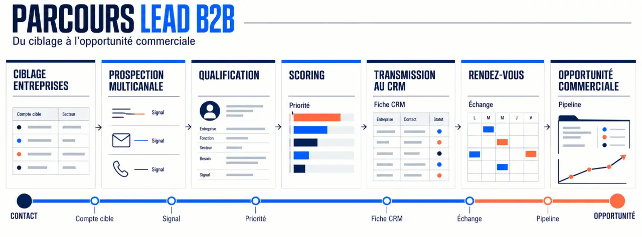 Schéma du parcours suivi par une agence de génération de leads, du ciblage à l’opportunité commerciale