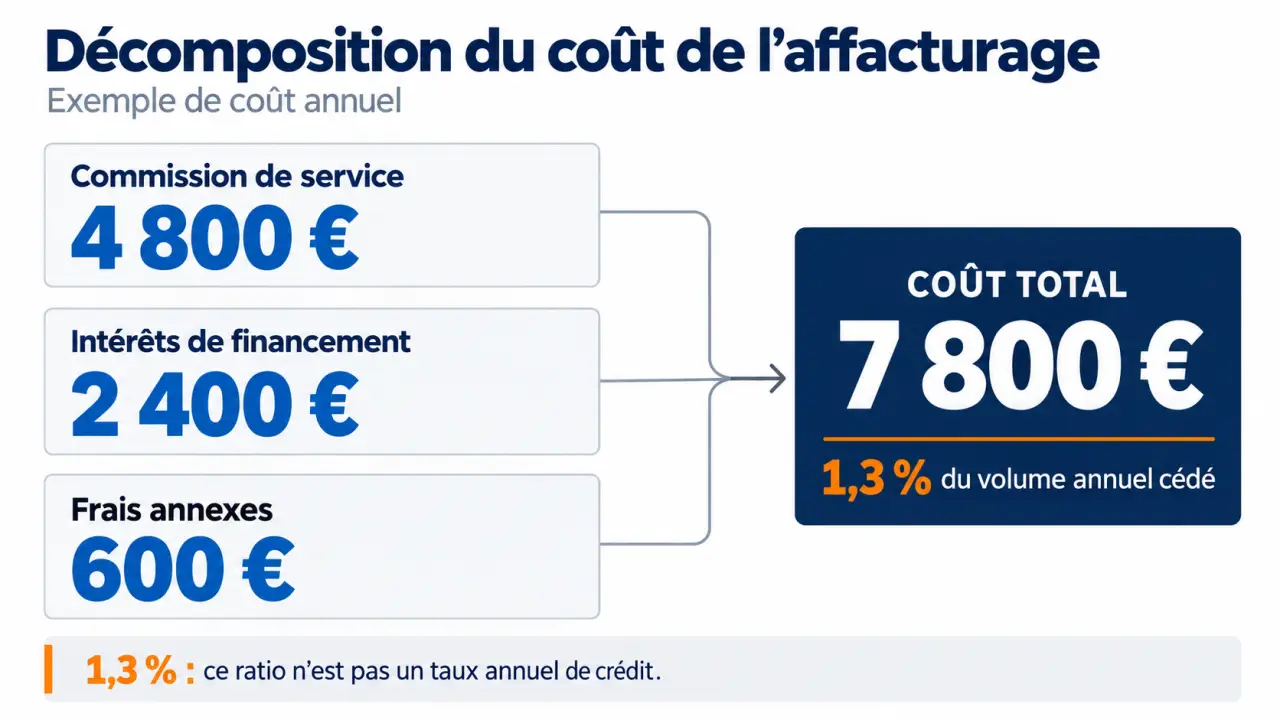 Infographie sur le coût affacturage : commission de service, intérêts de financement et frais annexes