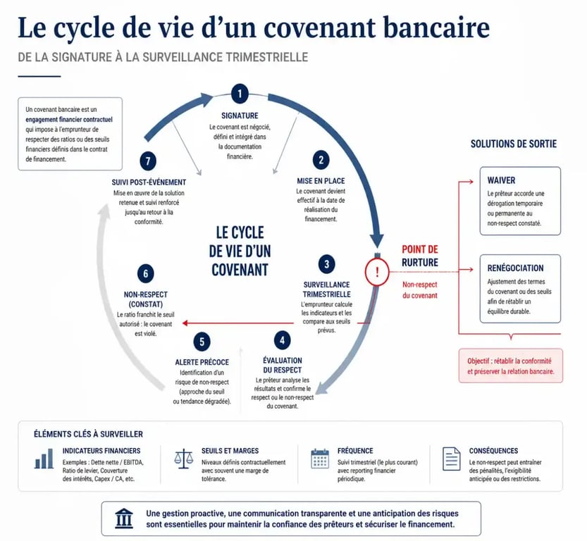Schéma du cycle de vie et gestion des covenants bancaires pour les entreprises